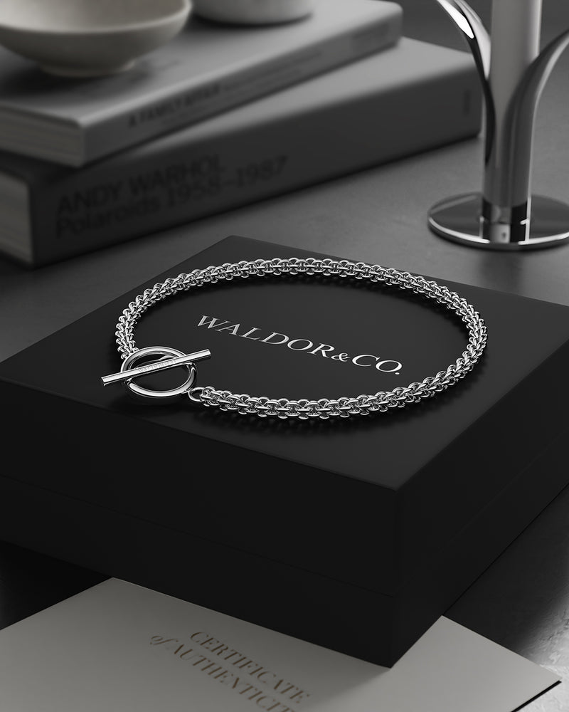 T-bar Chain Bracelet in Sterling Silver plated-316L stainless steel from Waldor & Co. The model is Avant Chain Polished.