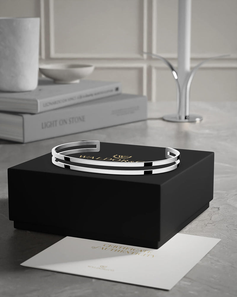 A polished stainless steel bangle in silver from Waldor & Co. One size. The model is Dual Bangle Polished.