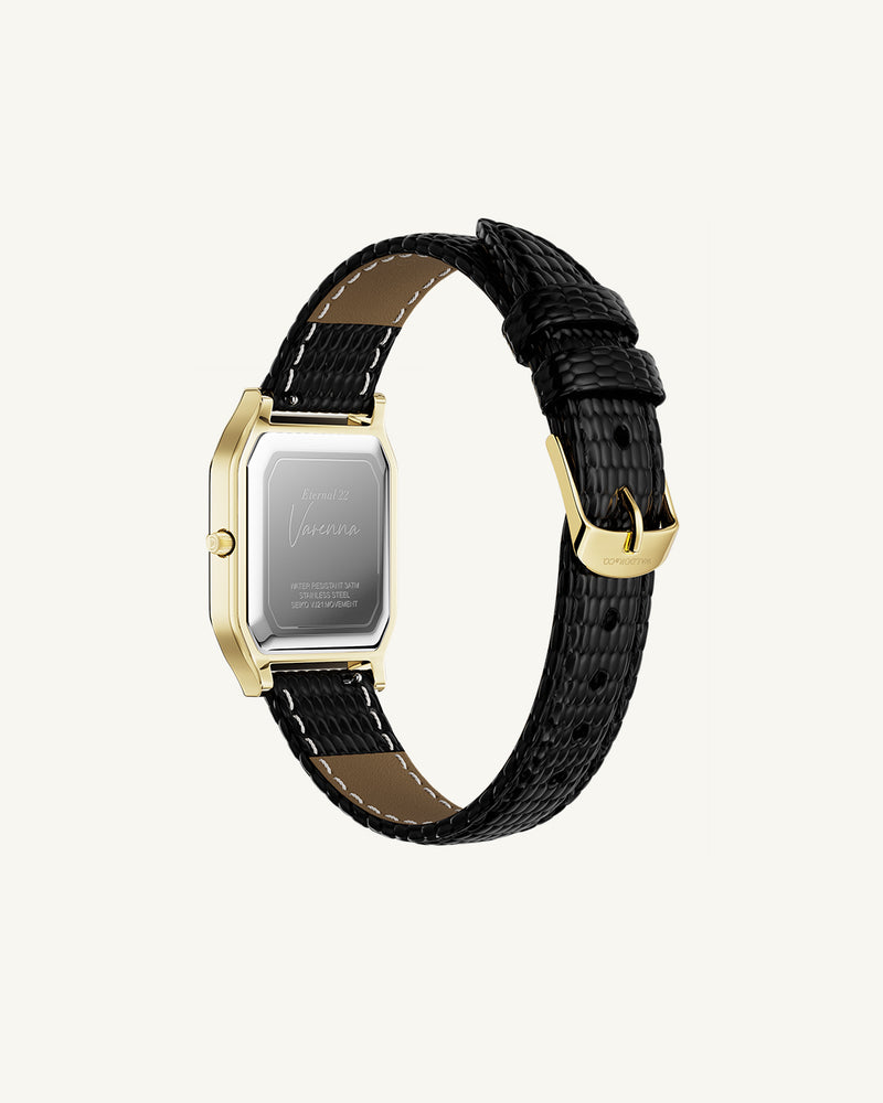 A square womens watch in 22 gold-plated 316L stainless steel with a black genuine leather strap from Waldor & Co. with white Diamond Cut Sapphire Crystal glass dial. Seiko movement. The model is Eternal 22 Varenna.